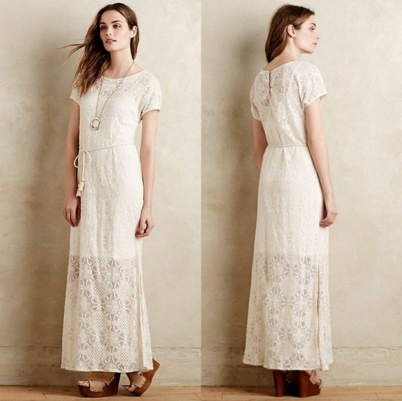Anthropologie Lilka Cream Ivory Lace Bellflower Maxi Dress Size Large - Picture 1 of 14